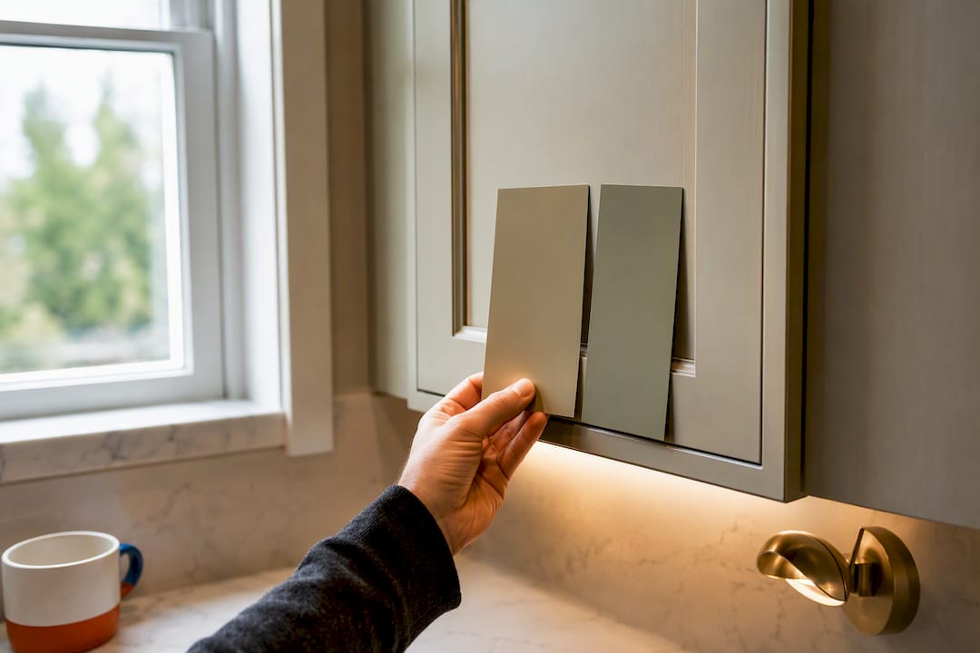 Testing cabinet color samples in kitchen light