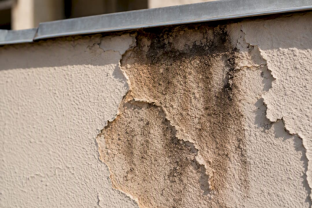 Blistered stucco coating showing moisture damage