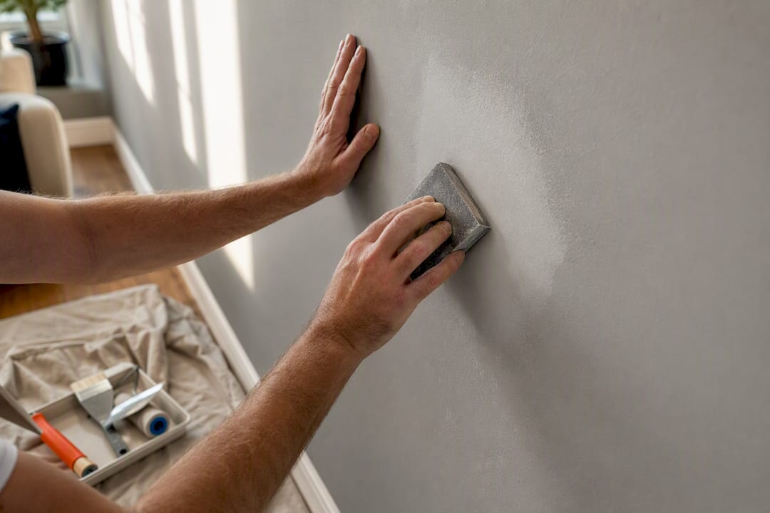 Painter smoothing living room wall repair