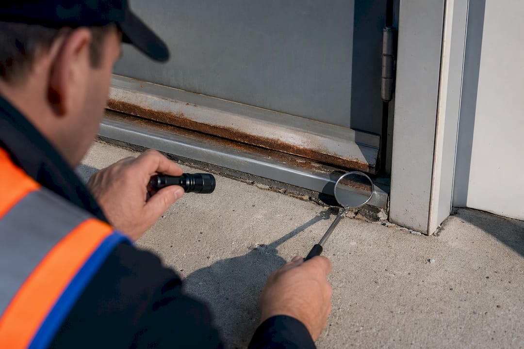 Inspector checking commercial paint failure points