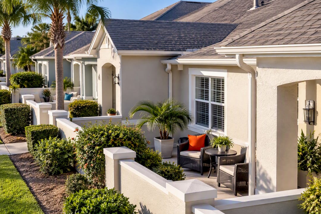 Adjoining villa facades with coordinated colors