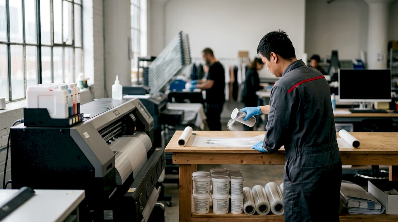 Hands adding adhesive powder to printed film