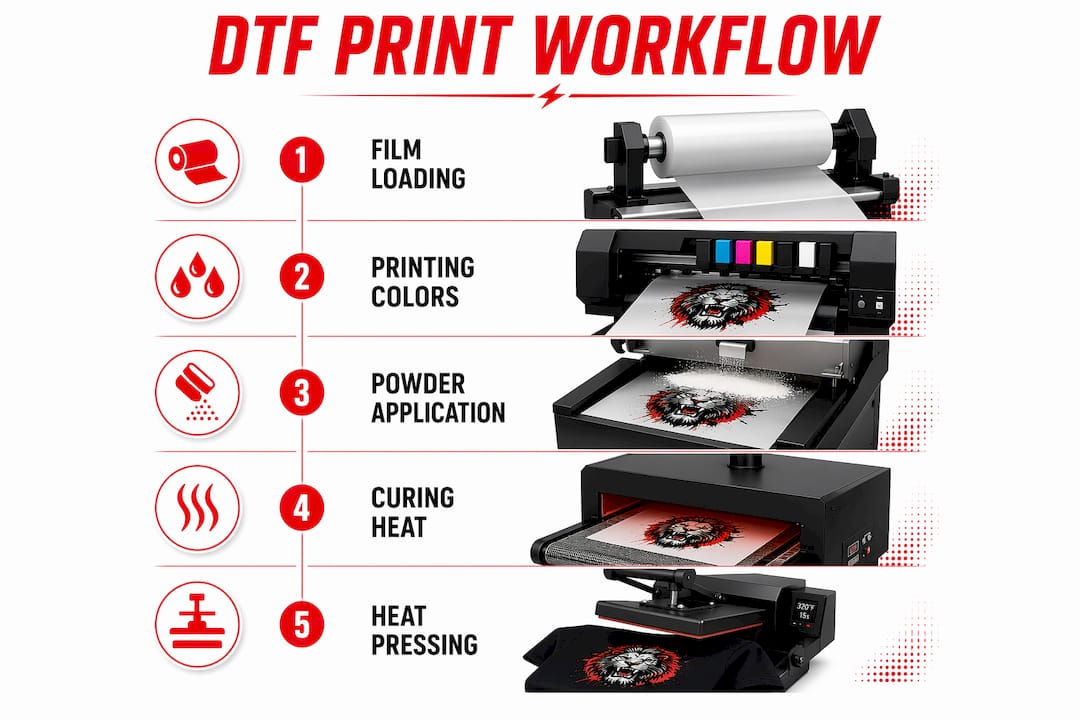 Infographic illustrating DTF printing workflow steps