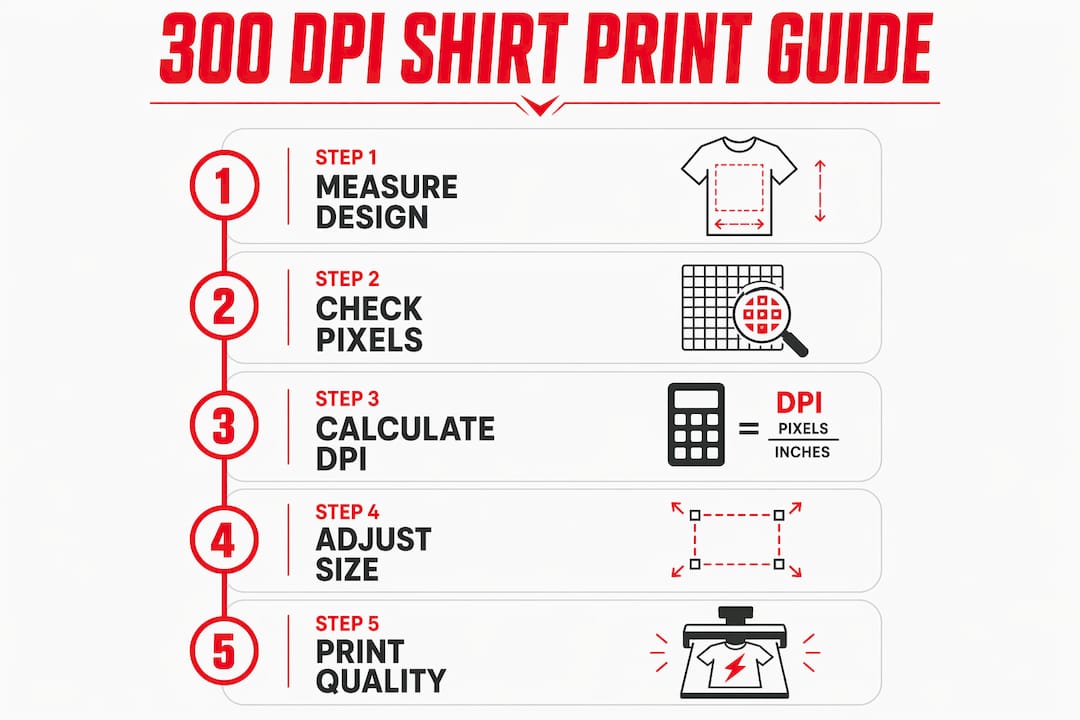 Infographic illustrating 5 steps for 300 DPI shirt printing