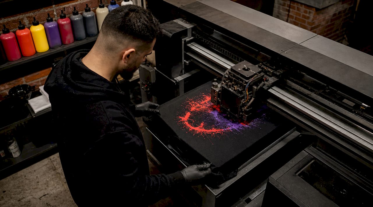 Technician operating DTG printer on cotton t-shirt