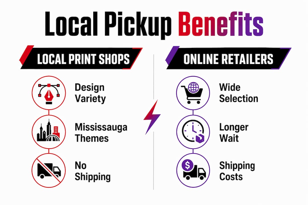 Infographic comparing local pickup and online graphic tee options