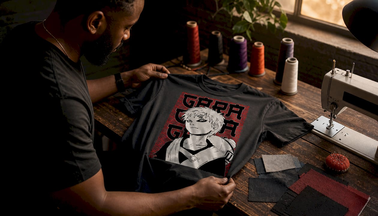 Hands inspecting cotton fabric of anime t-shirt