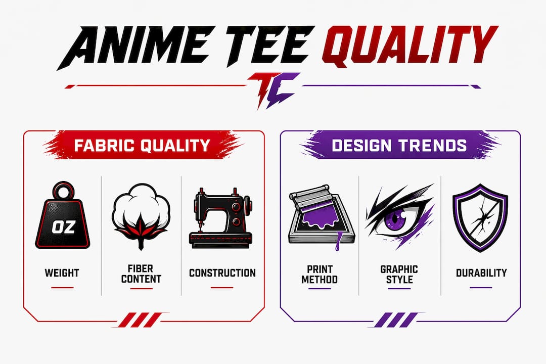 Infographic comparing fabric quality and design trends in anime t-shirts