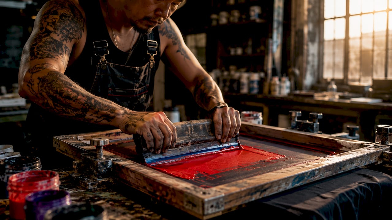 Technician working screen printing on shirt