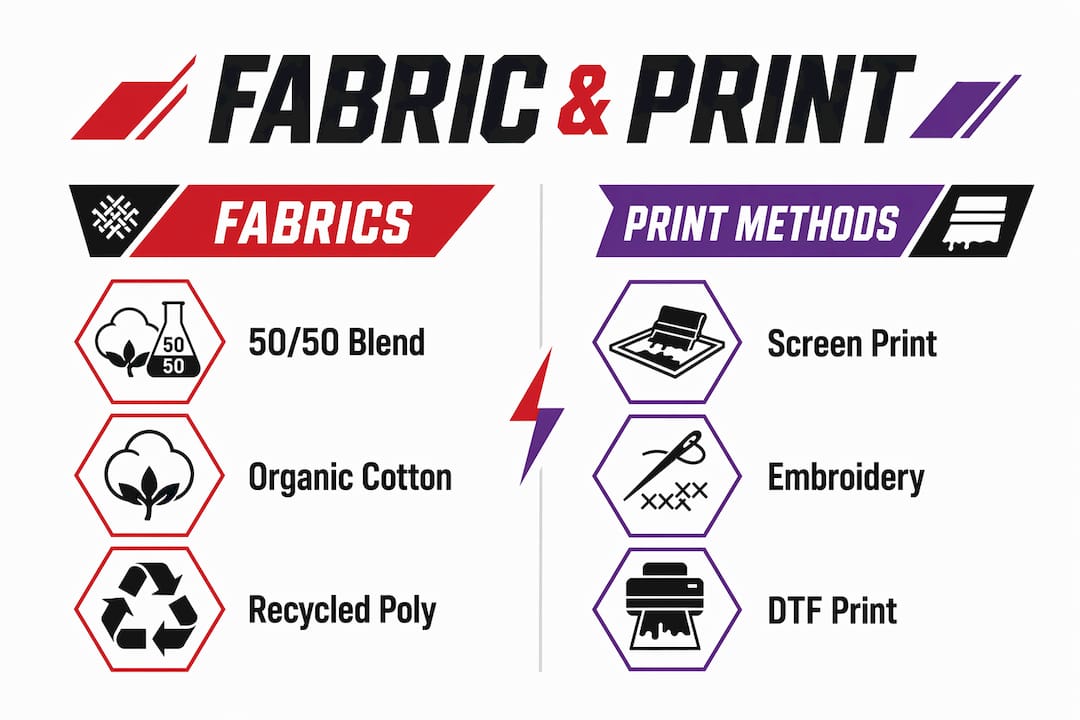 Infographic comparing fabrics and print methods for hoodies