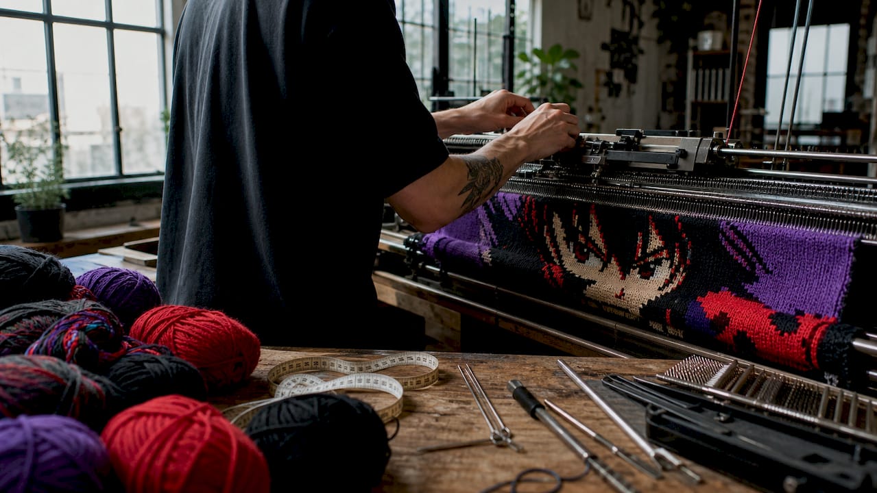 Hands knitting anime design on machine