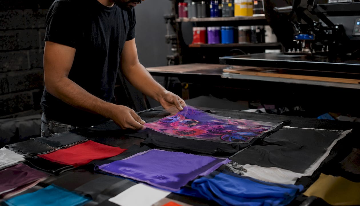 Hands holding DTF print film over fabric samples