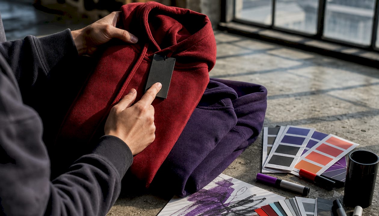 Hands comparing fabric weight of hoodies