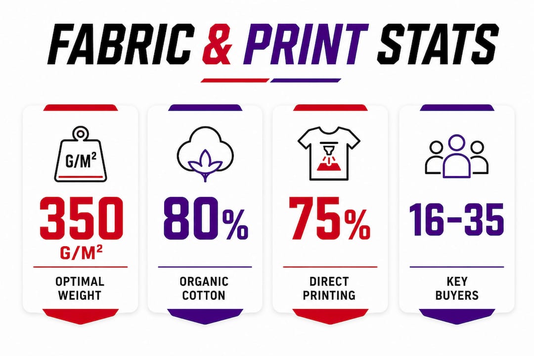 Infographic on hoodie fabric weight, print quality, and buyer stats