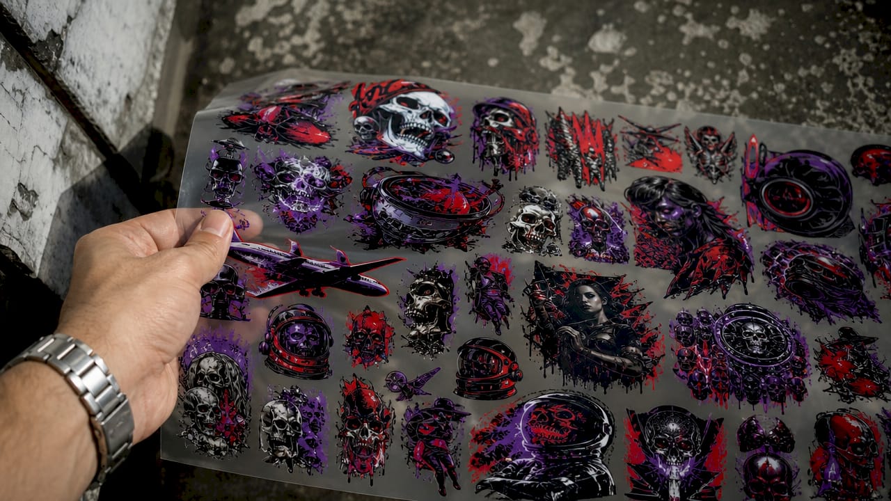 Close-up of multi-design DTF gang sheet held by hand