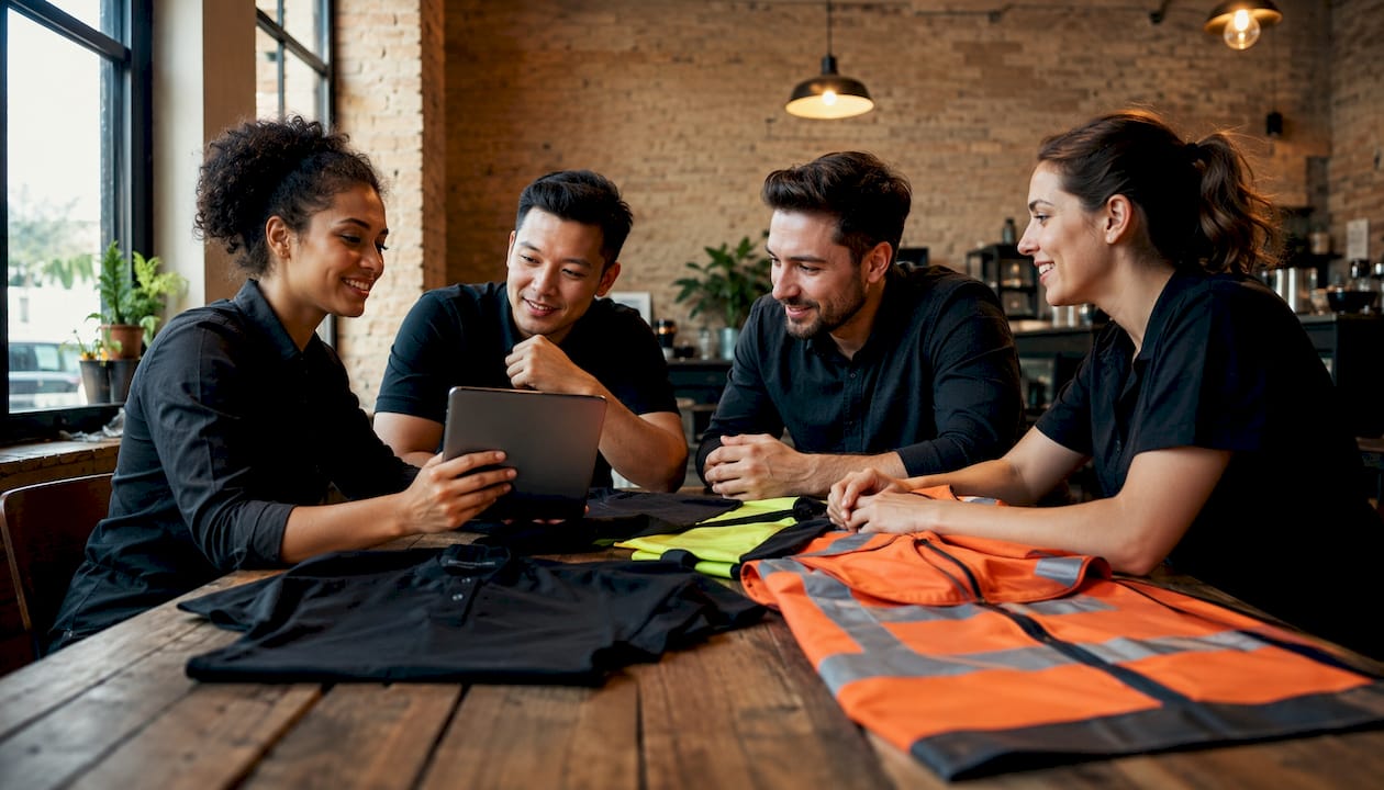Team discussing branded workwear supplier options in Toronto