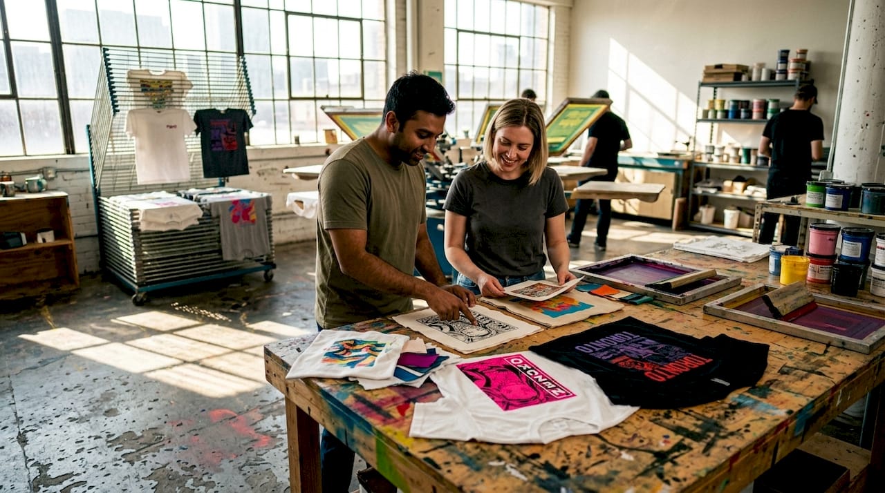 Designers comparing local t-shirt prints and samples