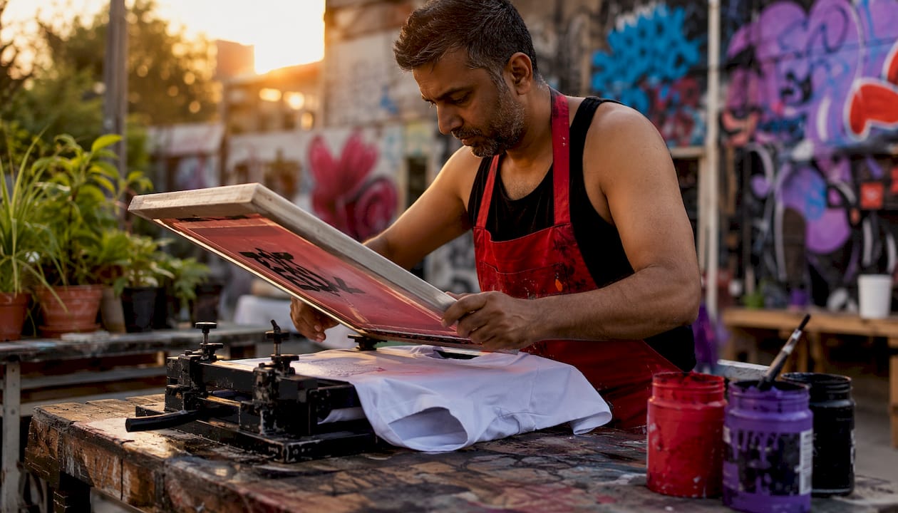 Man screen printing t-shirt in workshop