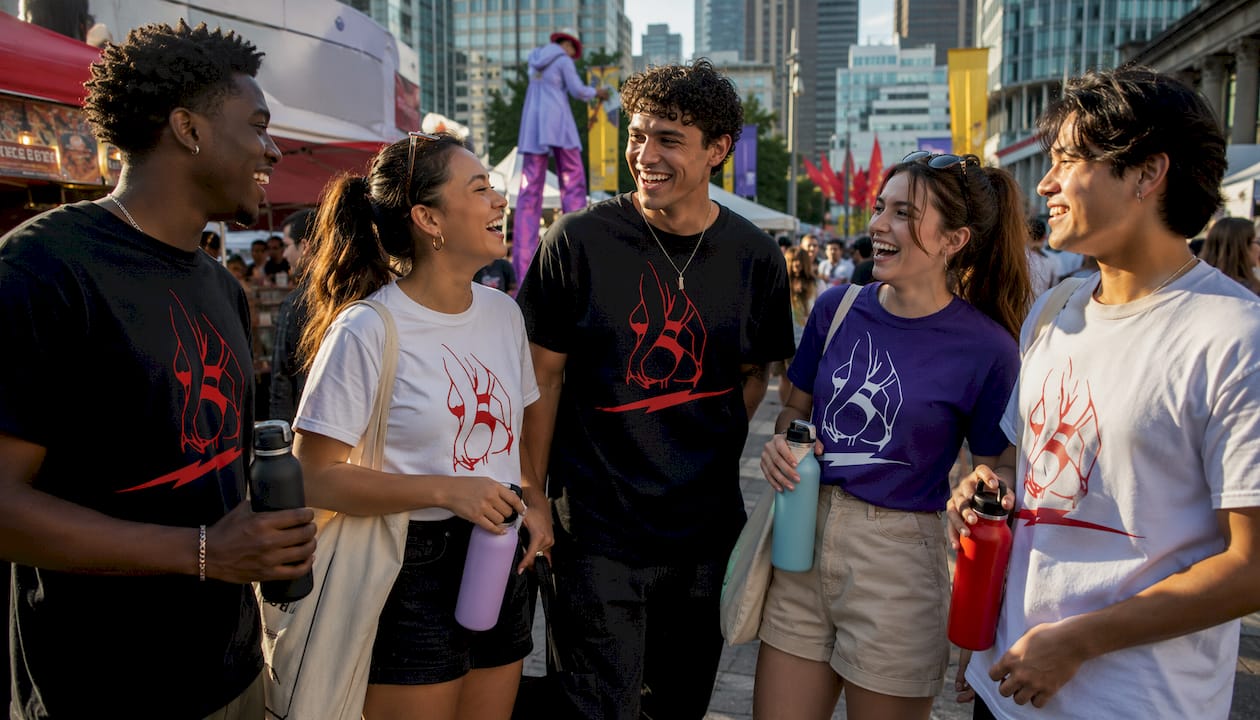Group outdoors wearing colorful branded t-shirts