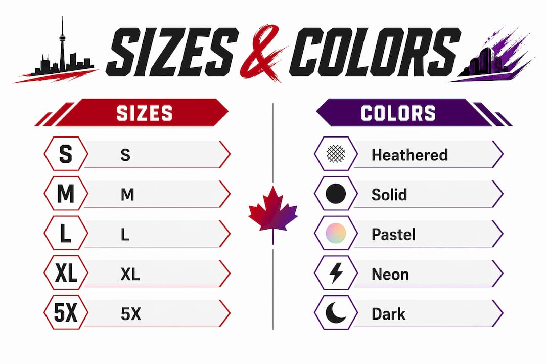 Infographic showing t-shirt size and color categories