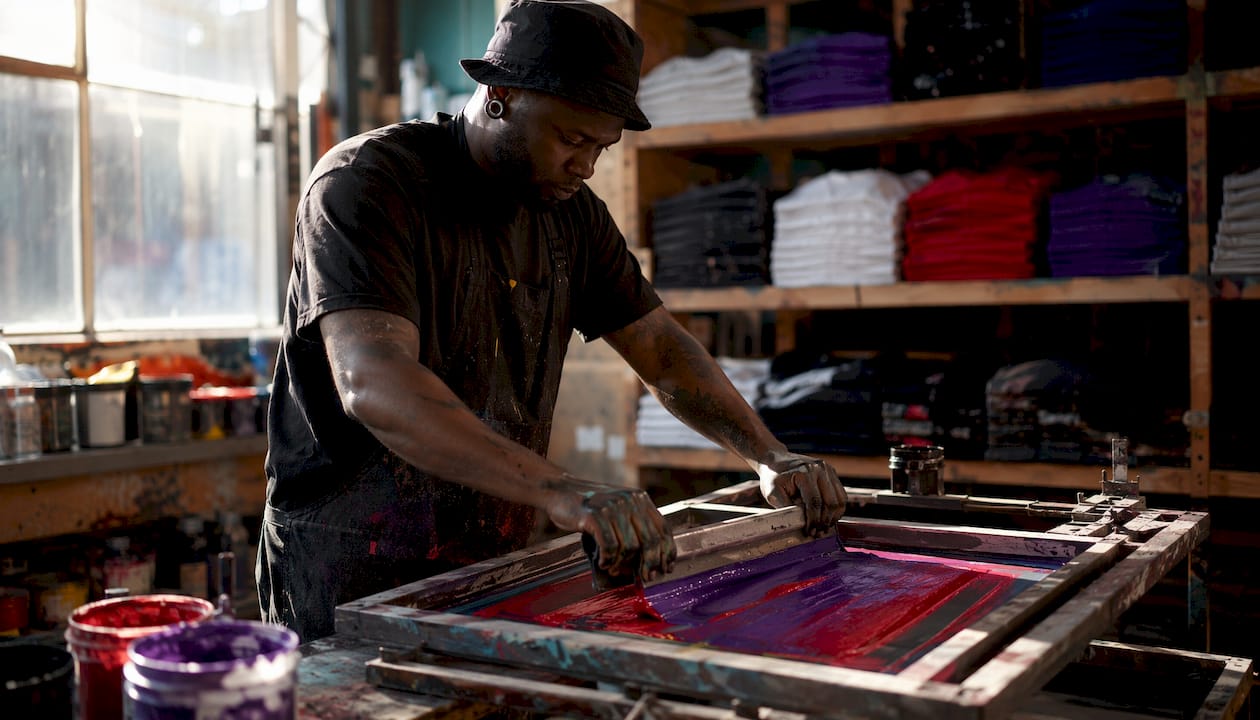 Hands working on silk screen printing