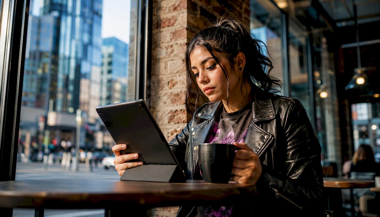 Woman browsing online printing services on tablet