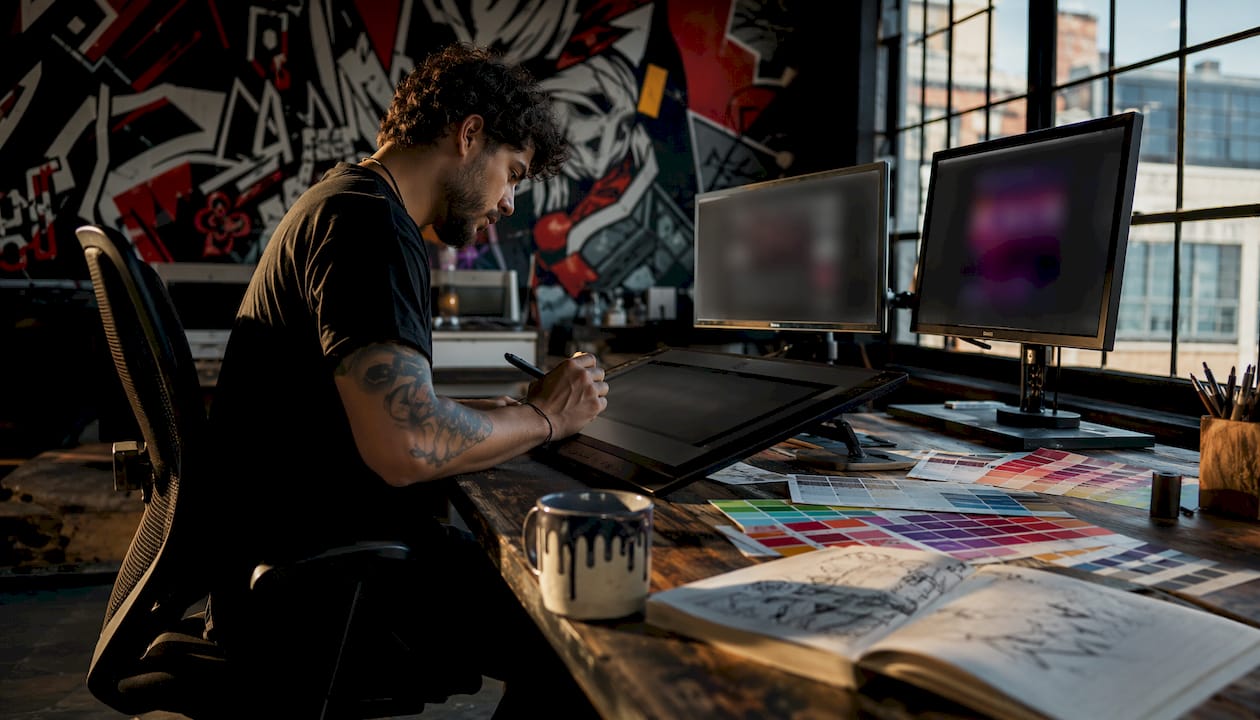 Designer preparing shirt print files at desk