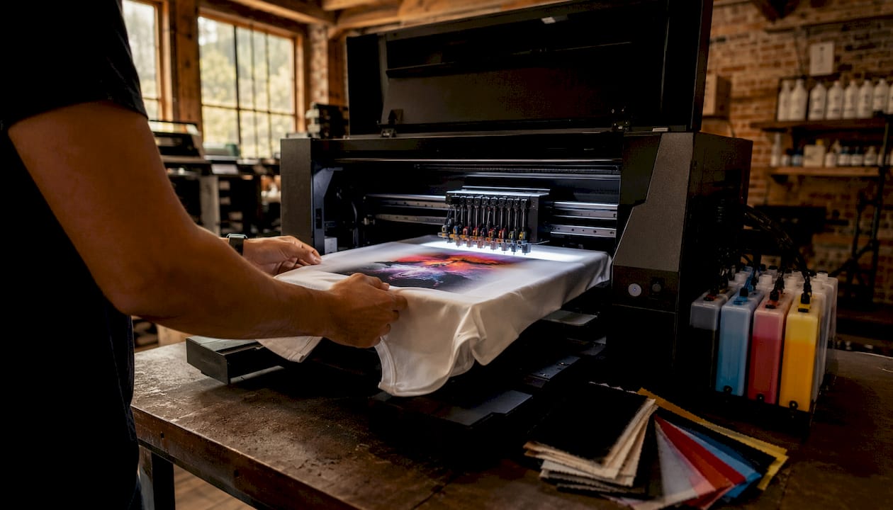 Hands operating DTG printer on white shirt