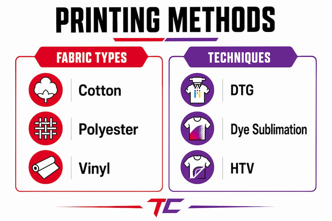Infographic comparing shirt fabric types and printing methods