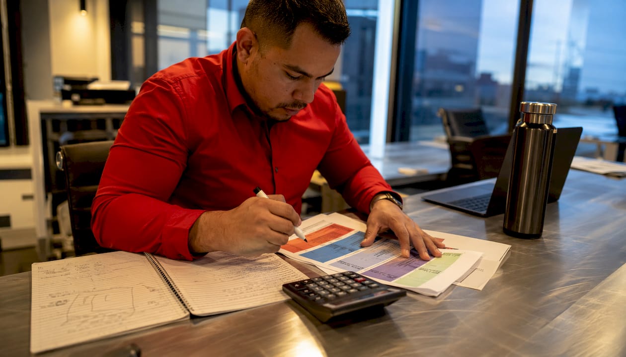 Hands calculating bulk printing costs on paper