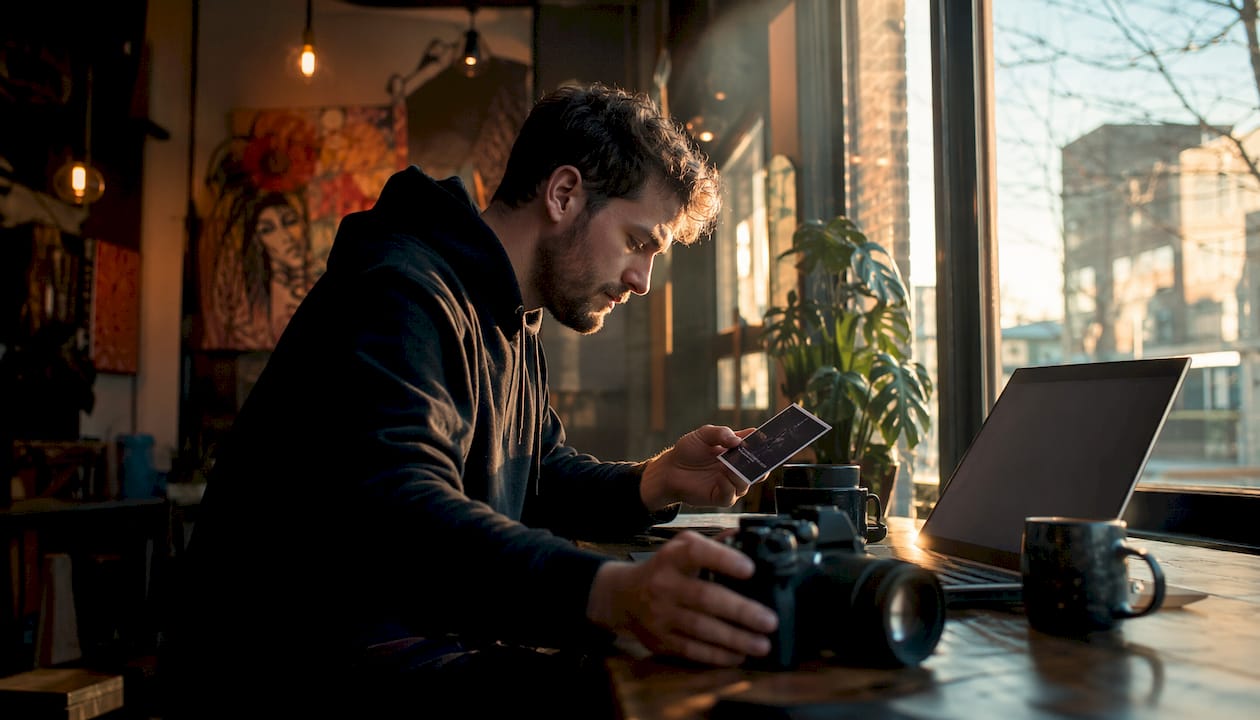 Man checking print resolution and images