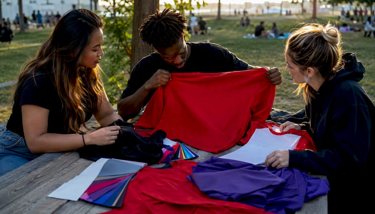 Close-up of diverse custom apparel samples on table