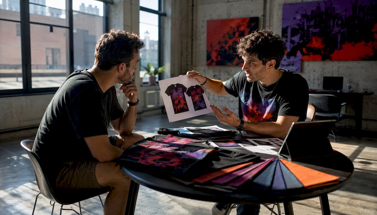 Partners discussing t-shirt order and samples