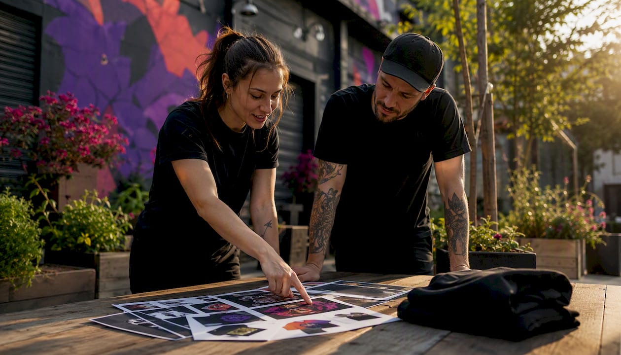 Pair discussing printing methods with samples