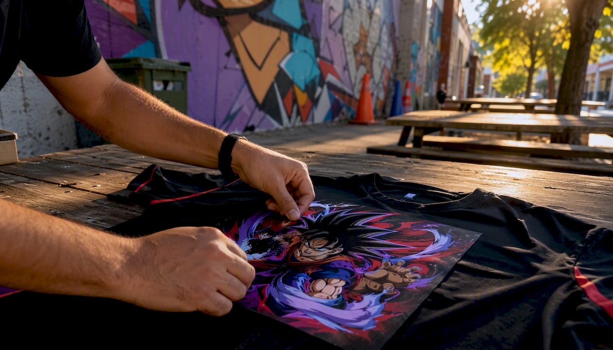 Hands positioning custom Dragon Ball Z graphic on shirt