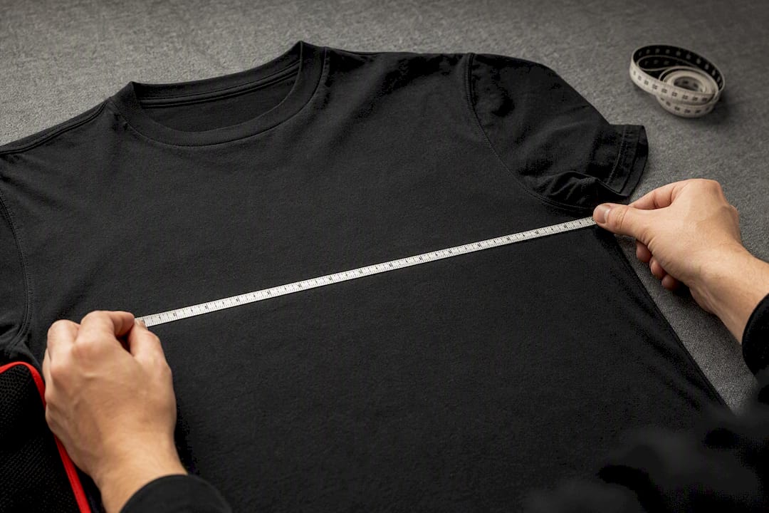 Tape measuring a shirt chest width