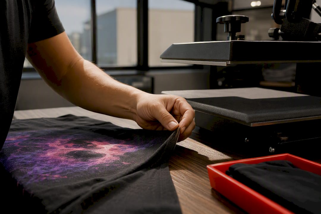 Printer checking a cropped apparel sample