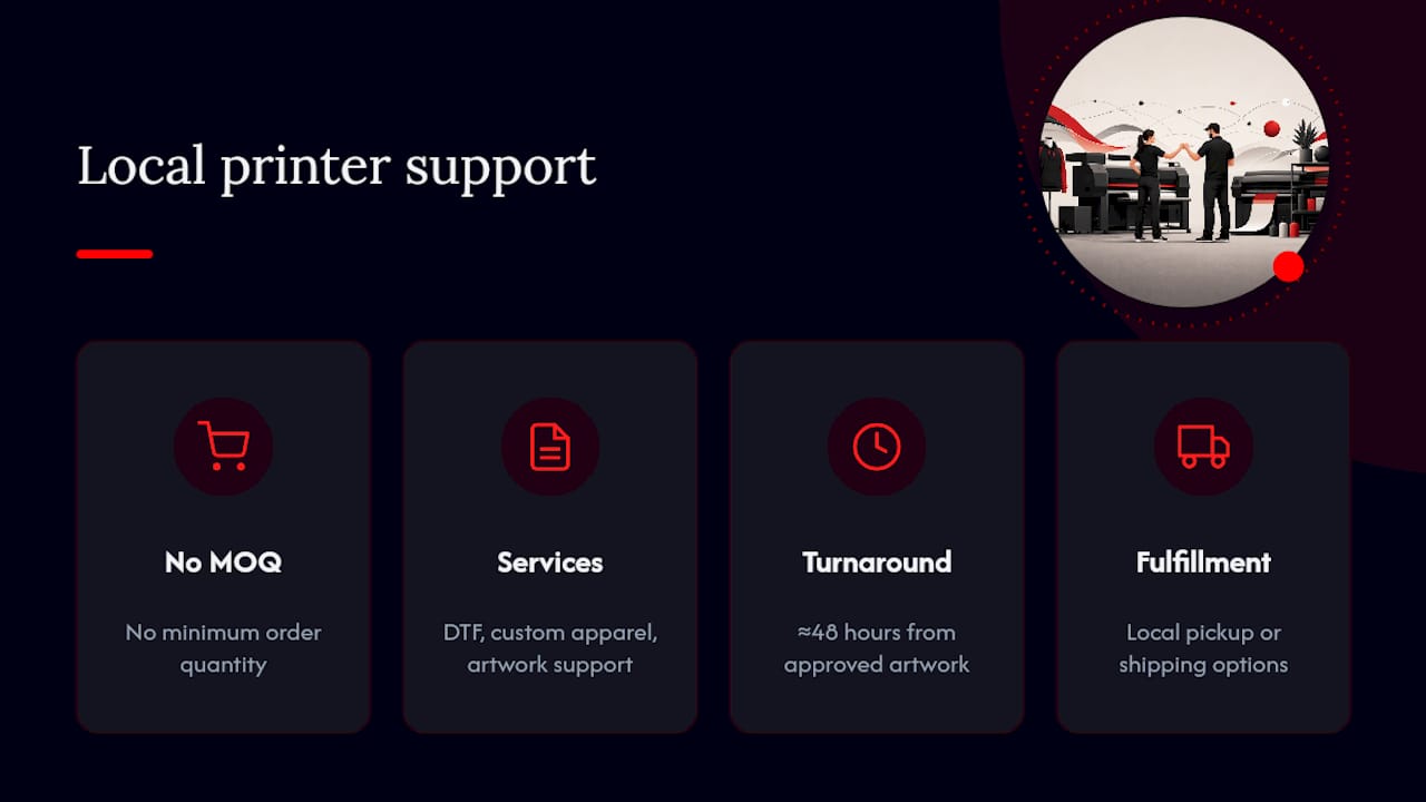 How Does a Local Printer Support Spirit Wear Organizers? — overview diagram