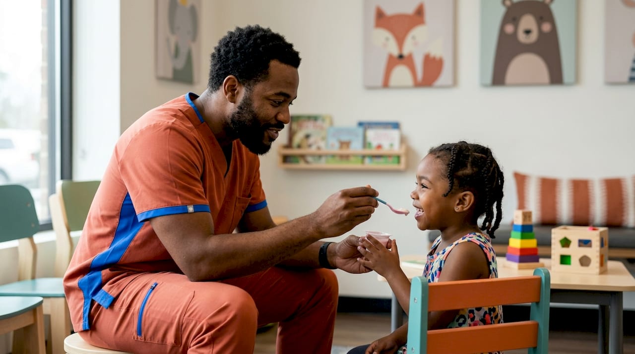 Male pediatric nurse helping child feed
