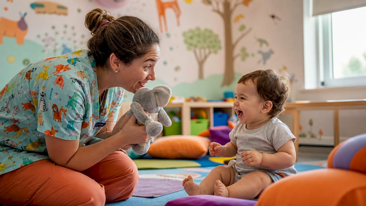 Pediatric nurse comforting toddler in hospital