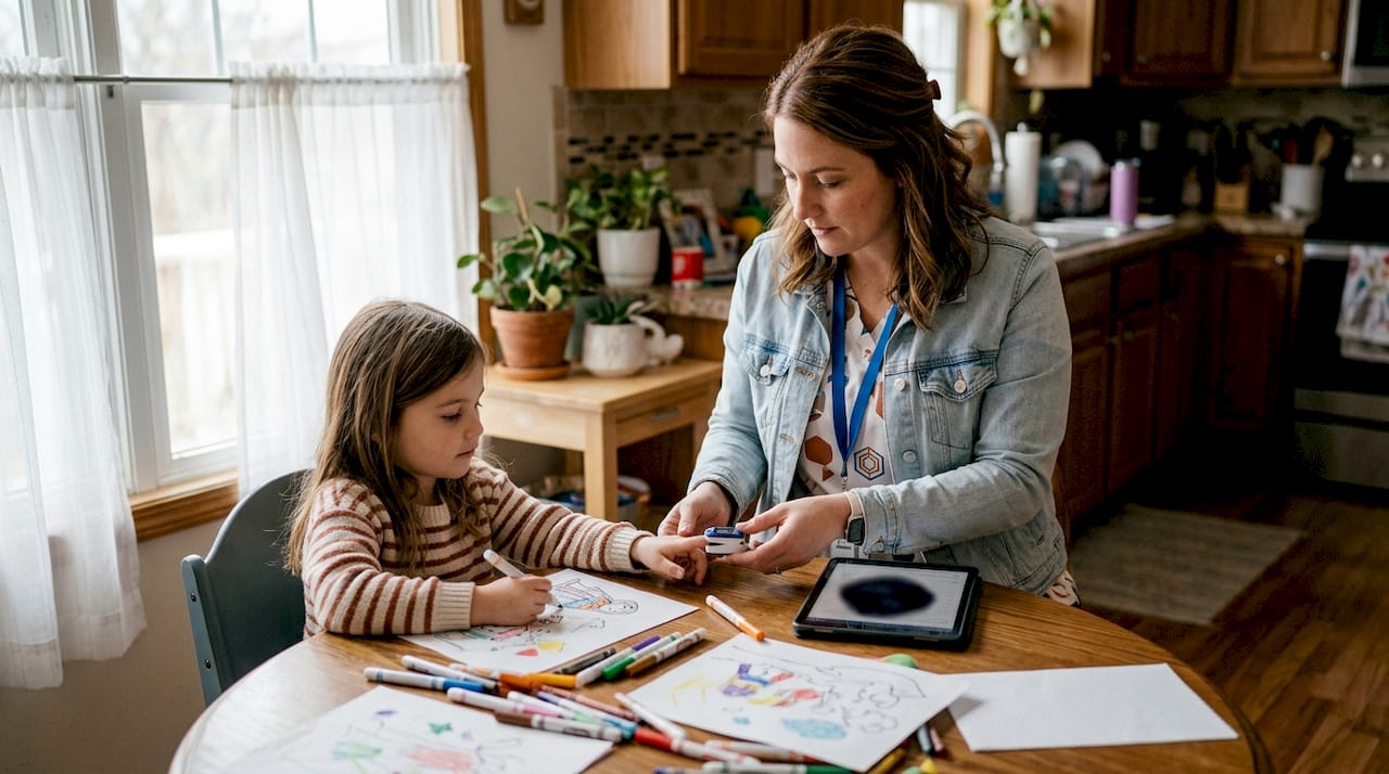 Pediatric caregiver checking young child’s vitals in home