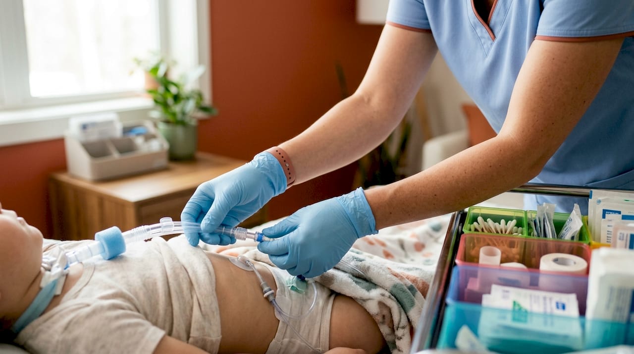 Caregiver adjusting tracheostomy and G-tube at home