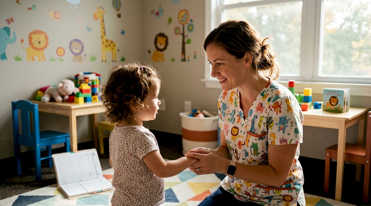 Pediatric nurse comforting toddler patient in hospital room