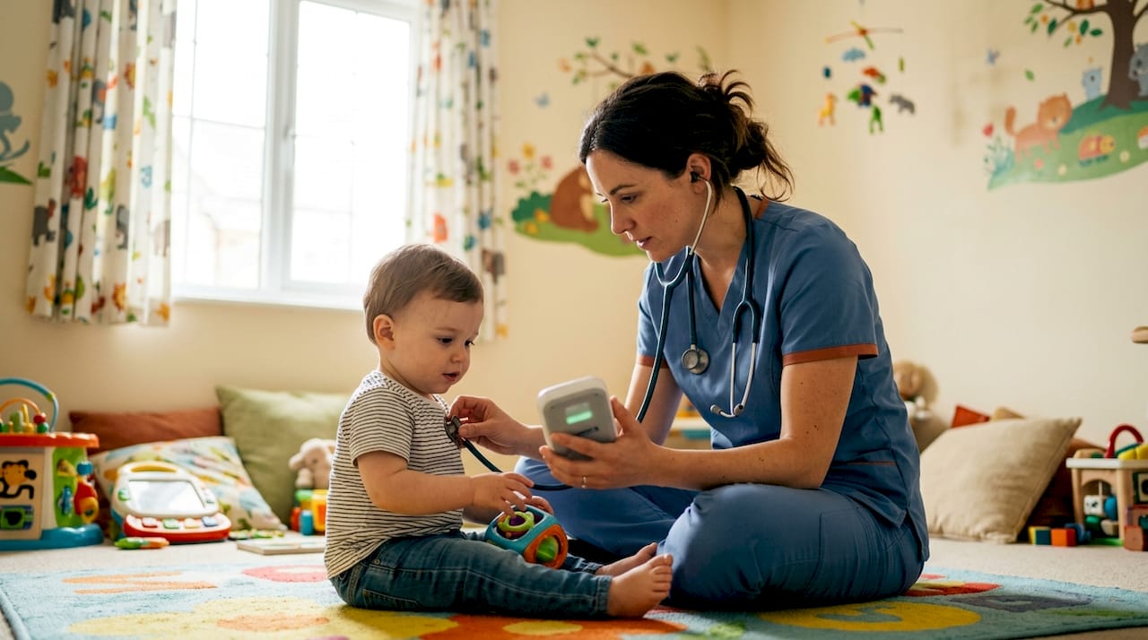 Nurse performing pediatric home visit with toddler