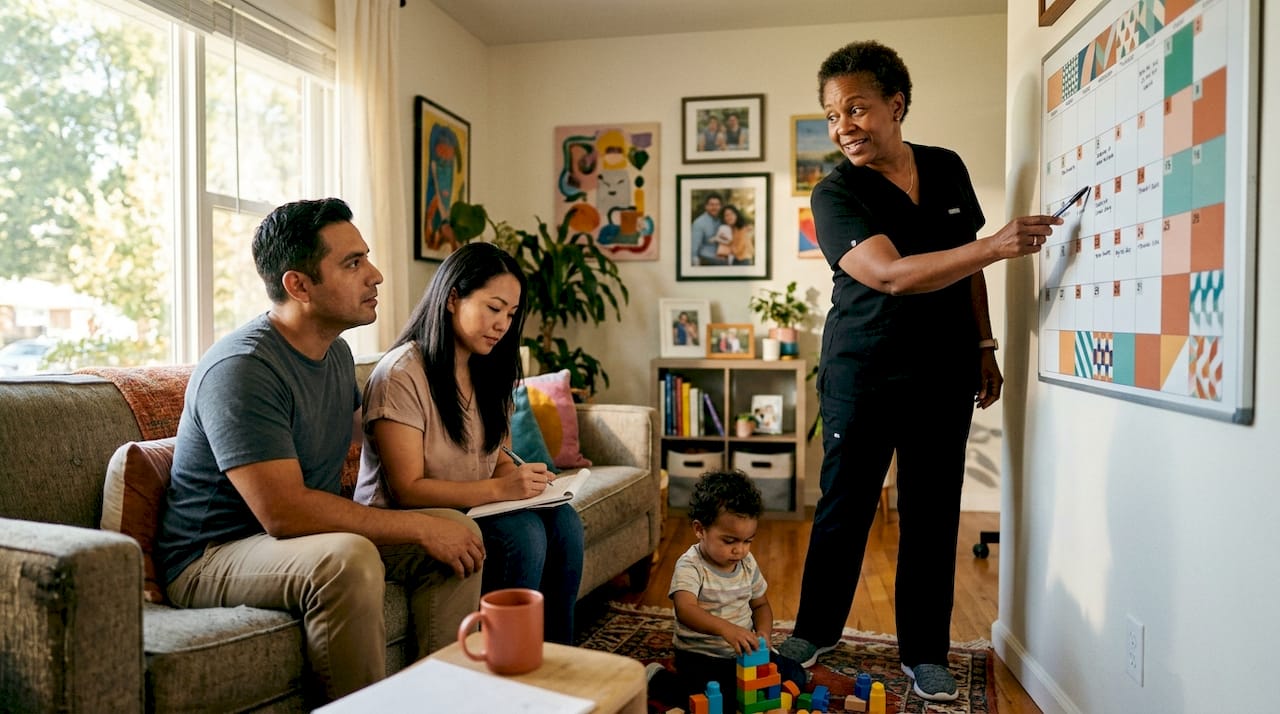 Family discussing pediatric home visit schedule with nurse
