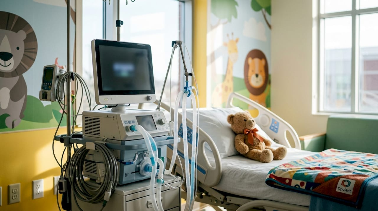 Close-up of pediatric ventilator equipment in hospital room