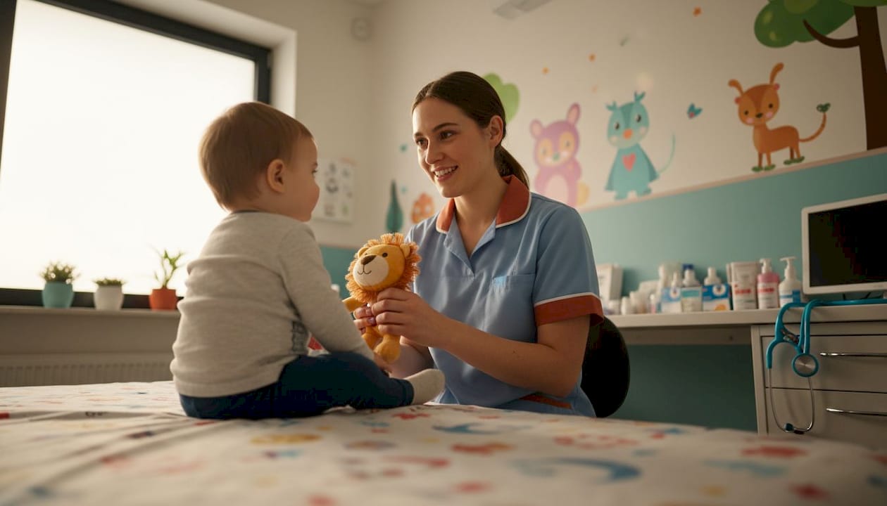 Pediatric nurse comforting toddler in clinic