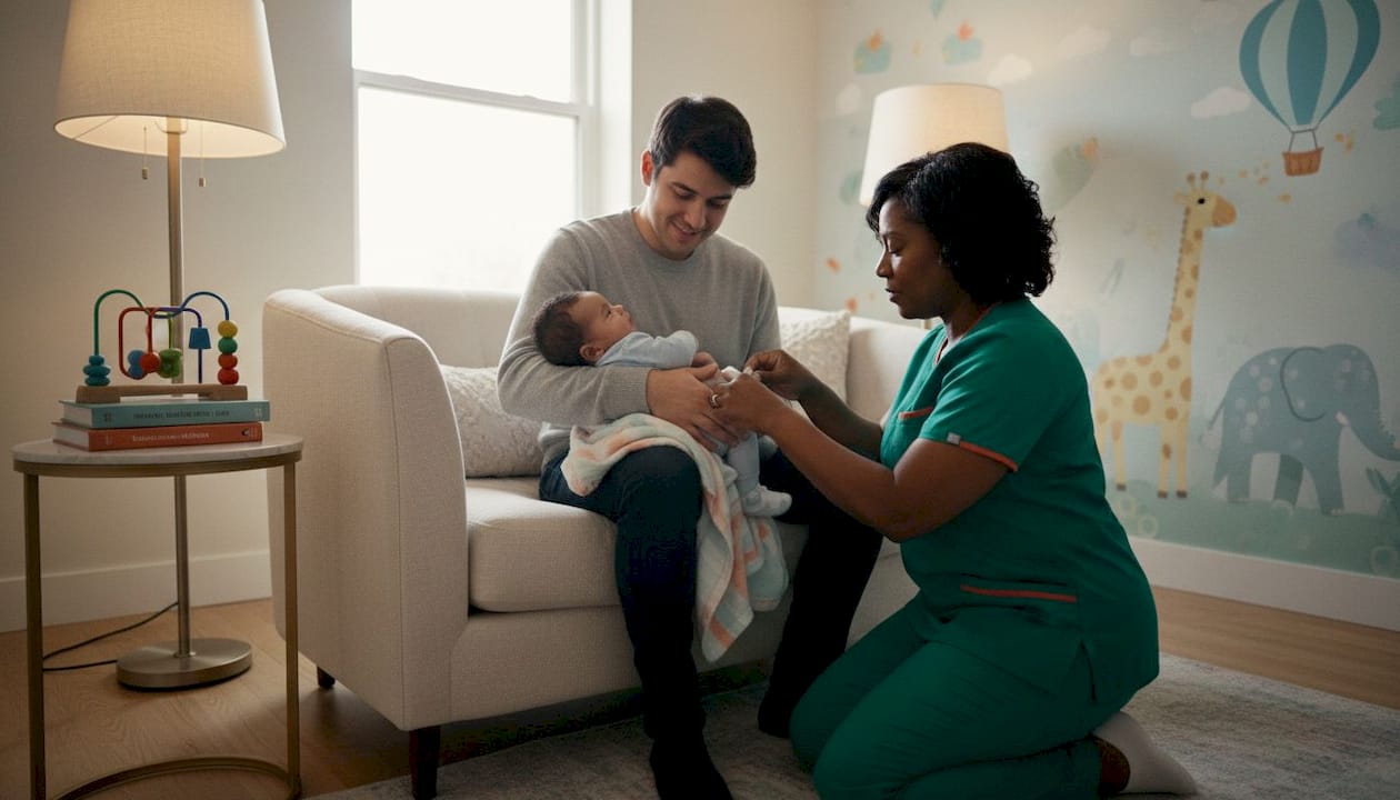 Father holding infant comfort position with nurse