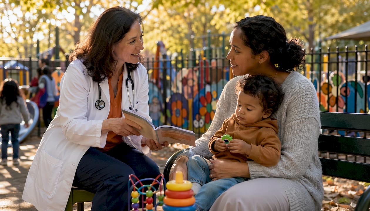 Pediatrician consulting with mother and child