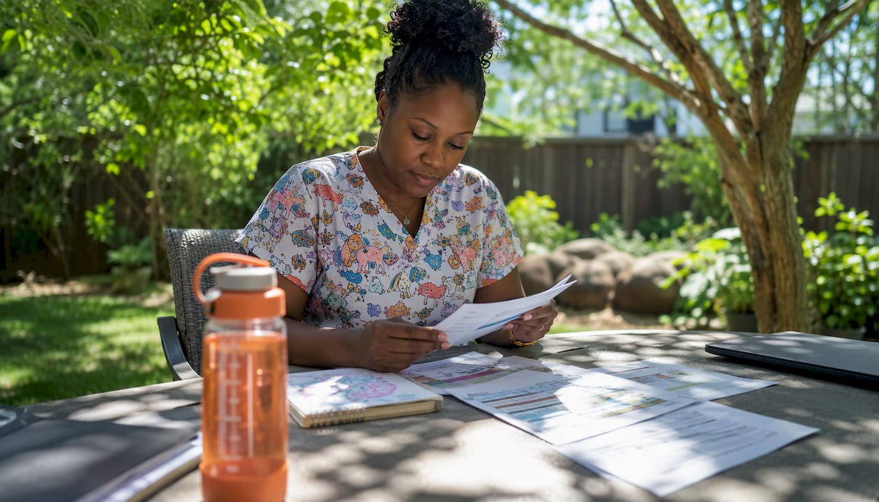 Pediatric nurse reviewing salary documents at home